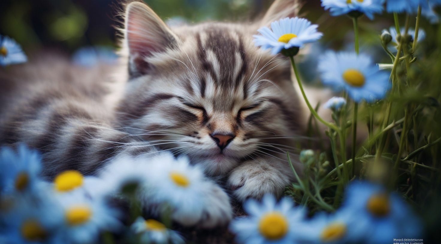 Cute Cat in Blue Daisies