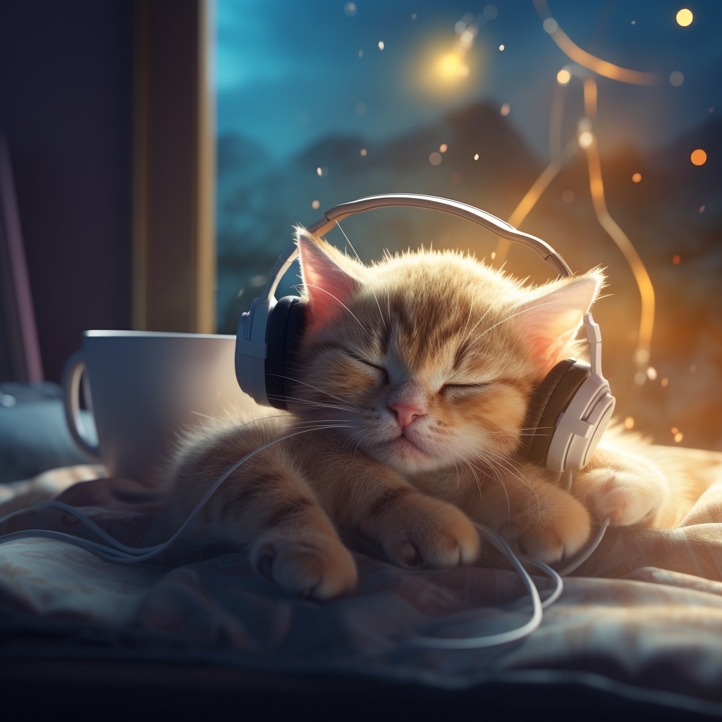 Cute cat sleeping with earphones and smartphone