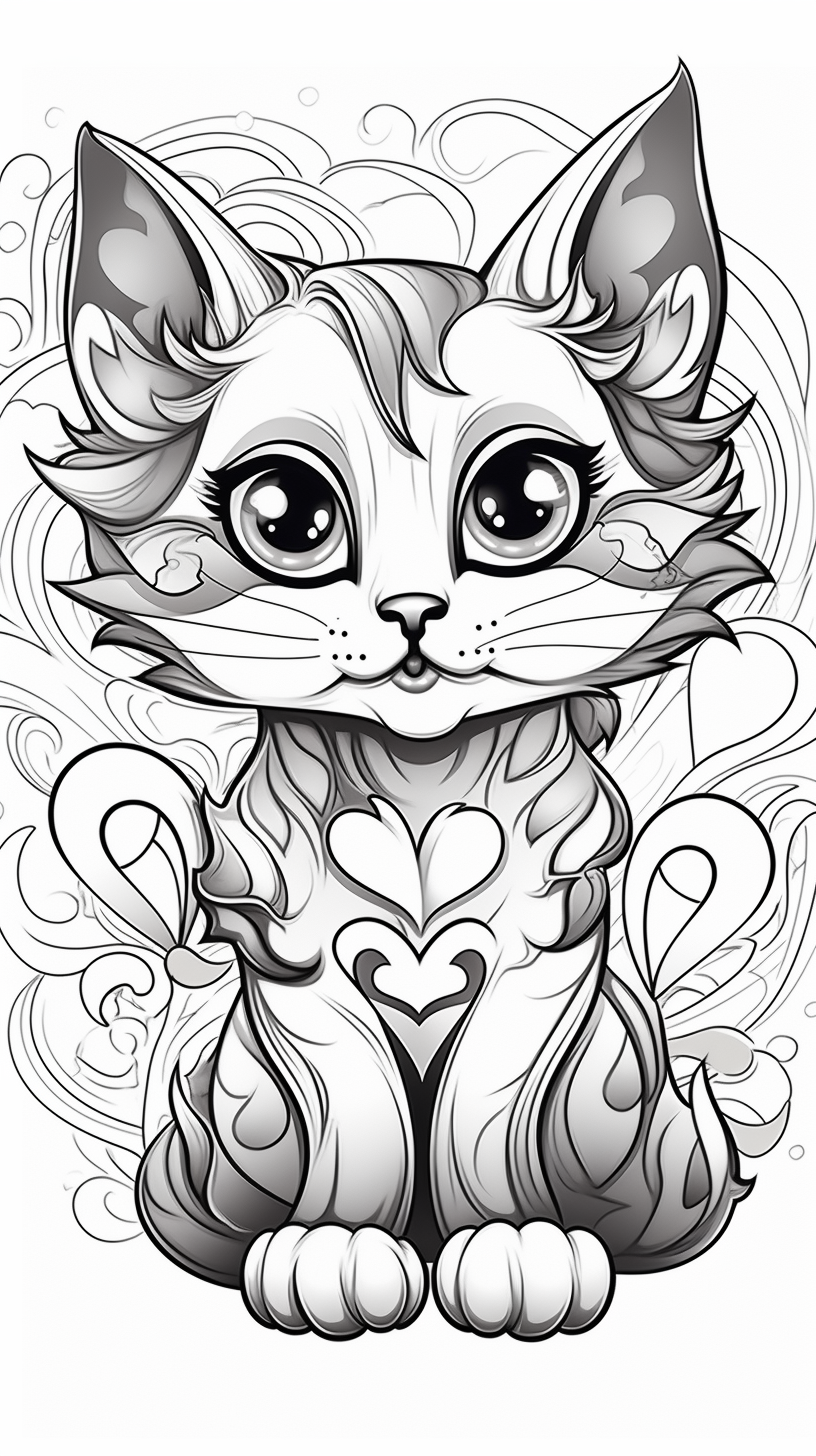 Cute cat with Valentines Day hearts coloring book