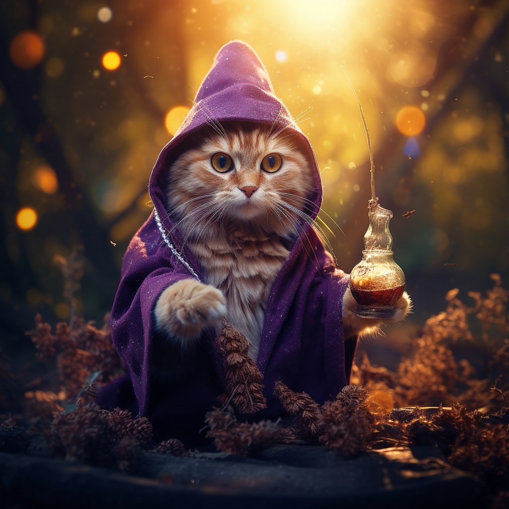 Cute cat in wizard costume creating purple potion