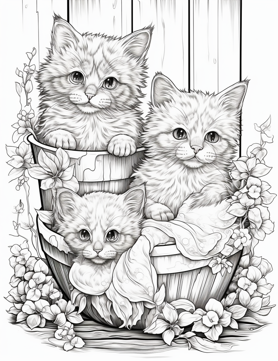 Coloring Book Page with Cute Cats and Kittens