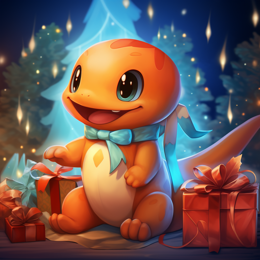 Charmander Pokemon holding a Christmas present