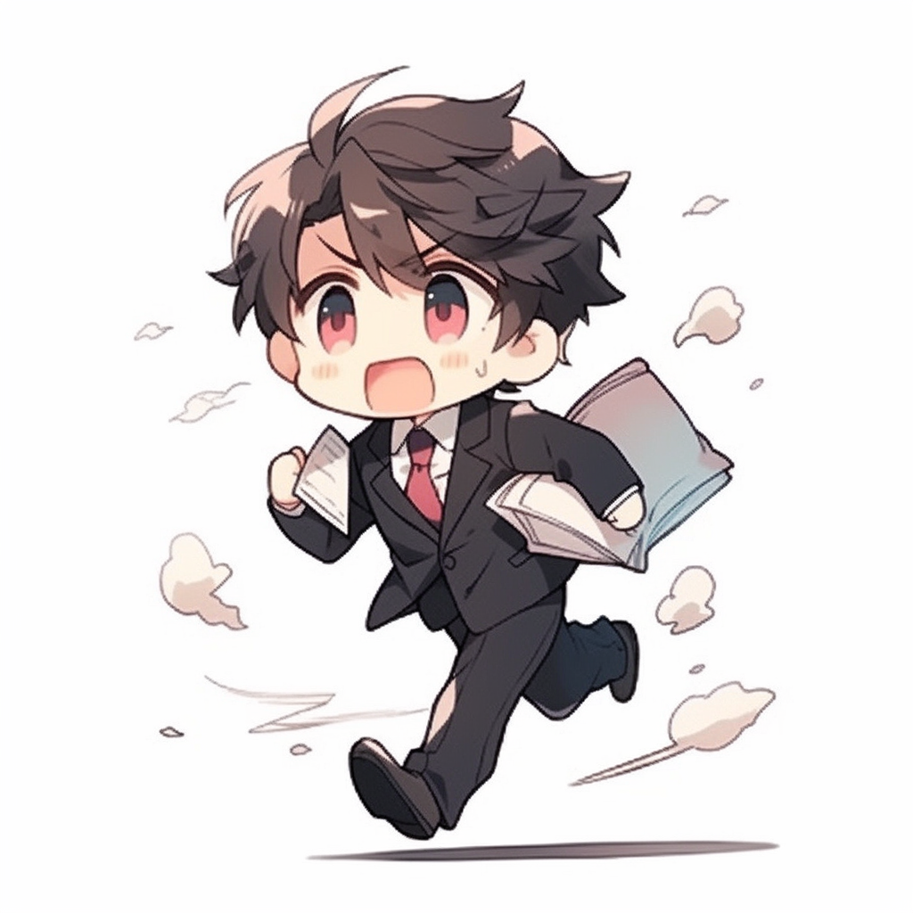 Cute chibi businessman running, swimming, biking