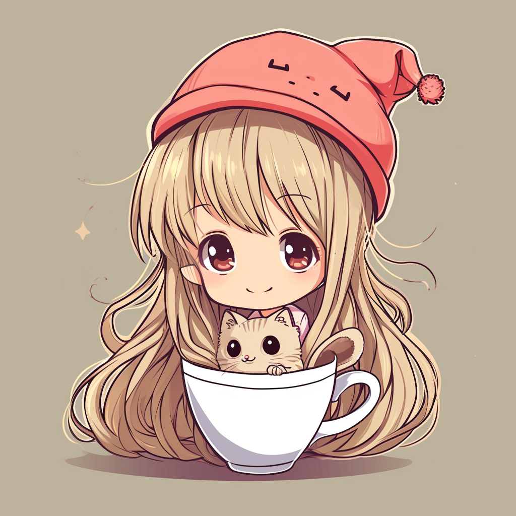 Cute Chibi Girl with Cat in Cup