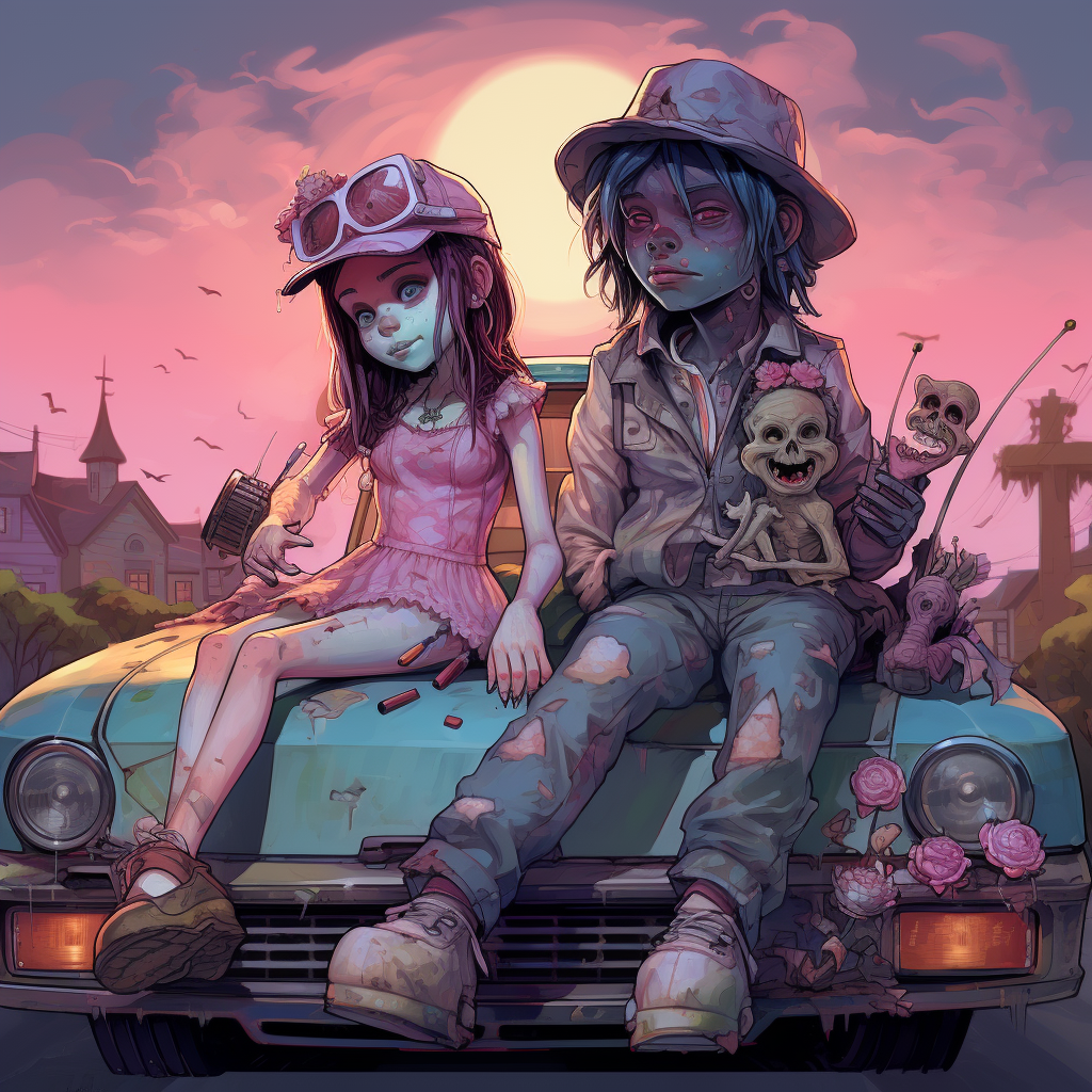 Cute child zombie couple playing guitar