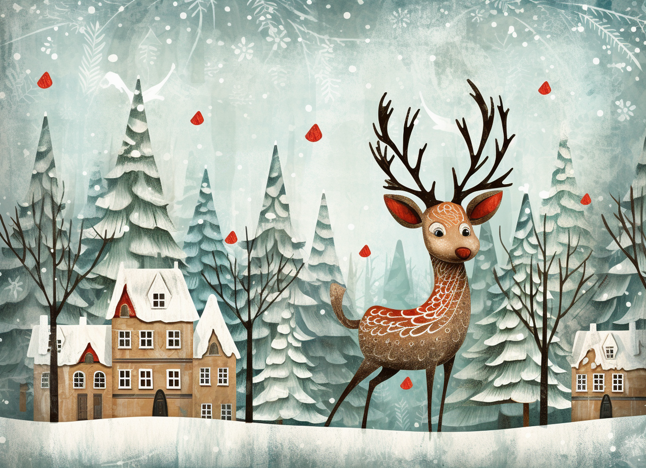 Cute Christmas Reindeer in Village