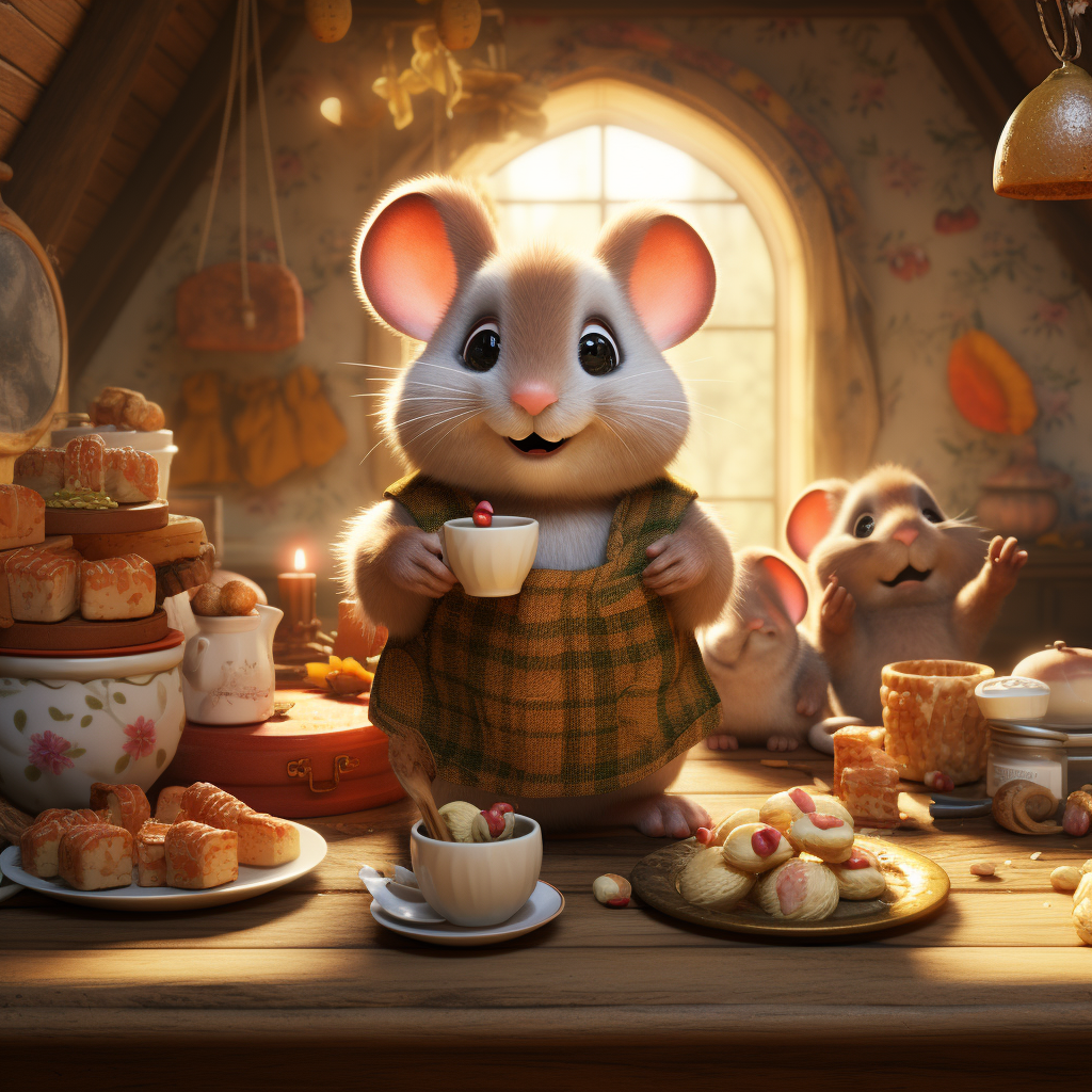 Chubby brown mouse having a tea party