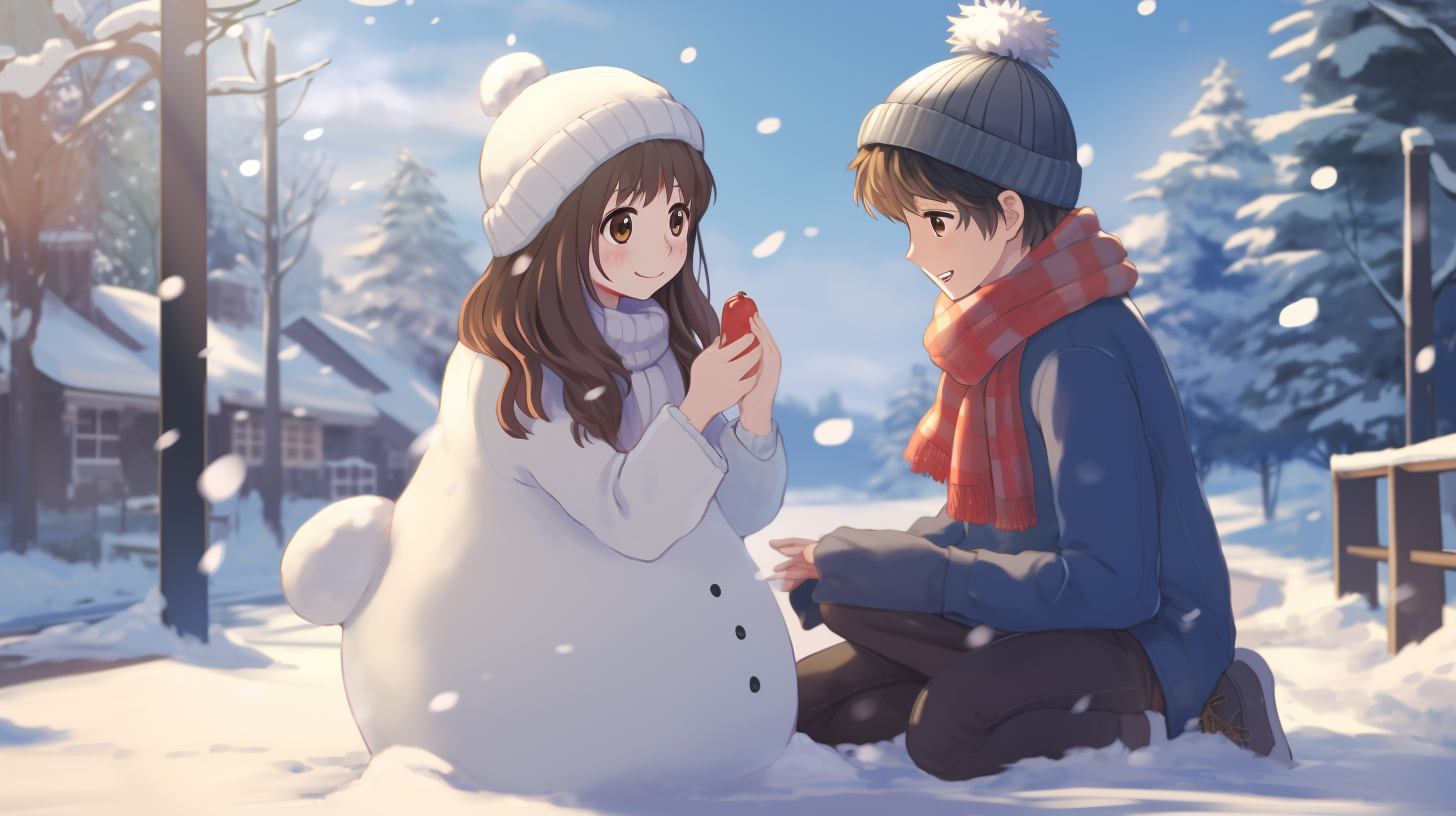 Cute couple building snowman together