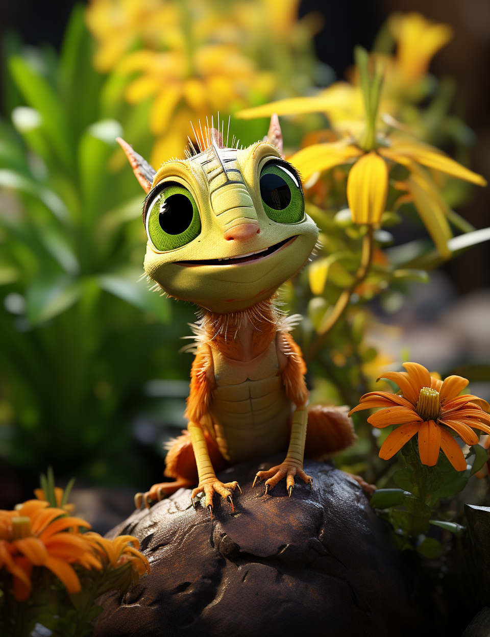 Adorable cricket in garden, Pixar style