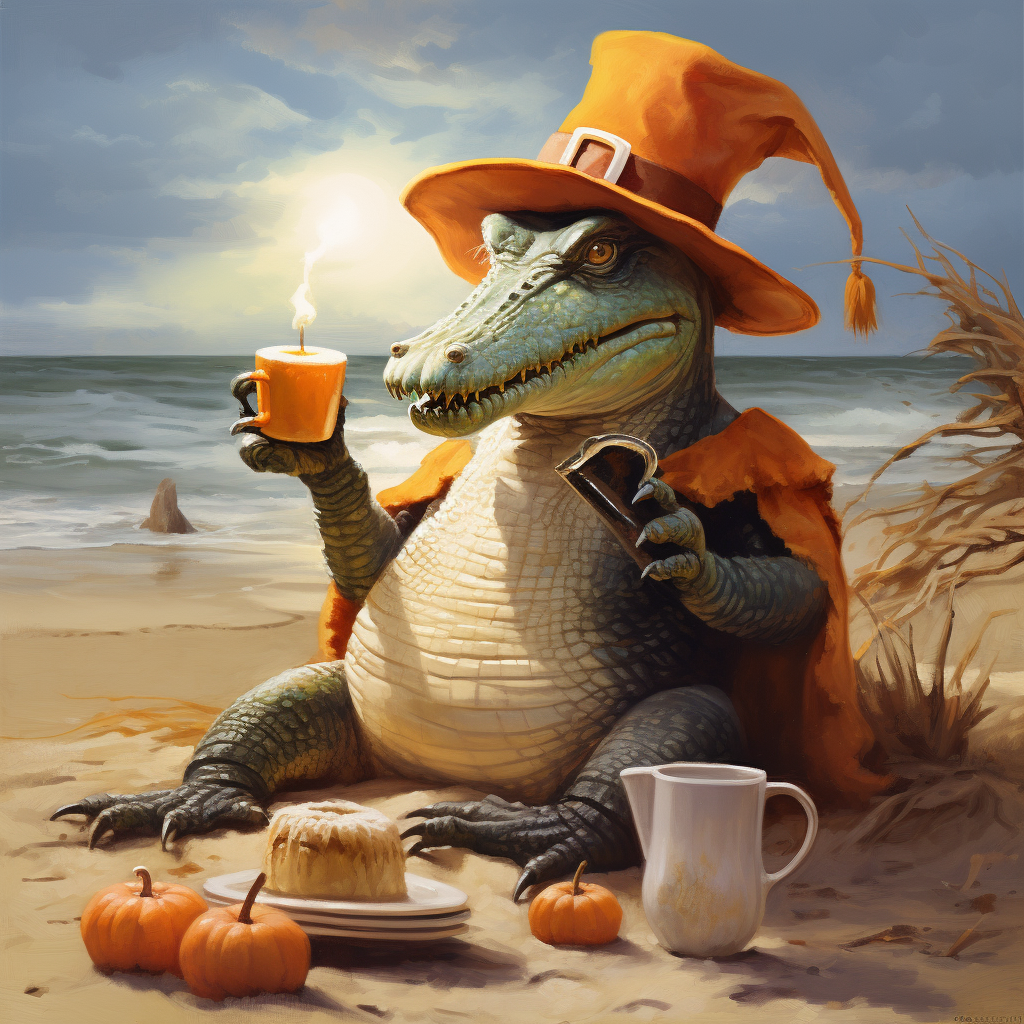 Cute crocodile eating with witch hat