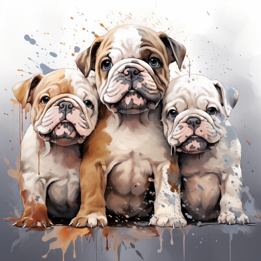 Illustration of cute cuddly bulldogs paint splatter