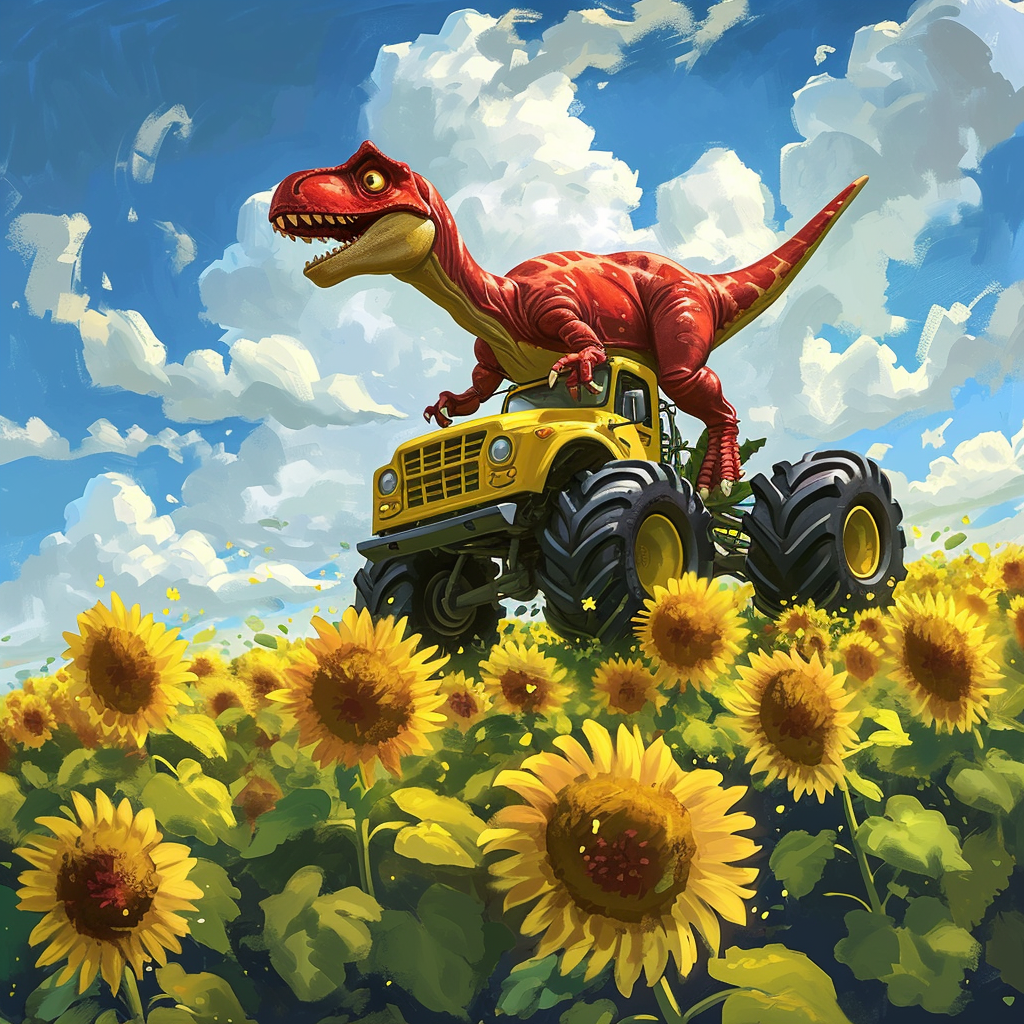 Dinosaur riding monster truck in sunflower field