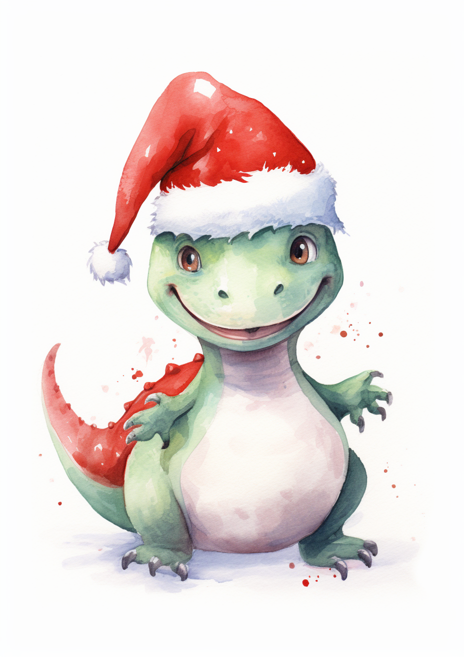 Watercolor dinosaur wearing Santa hat