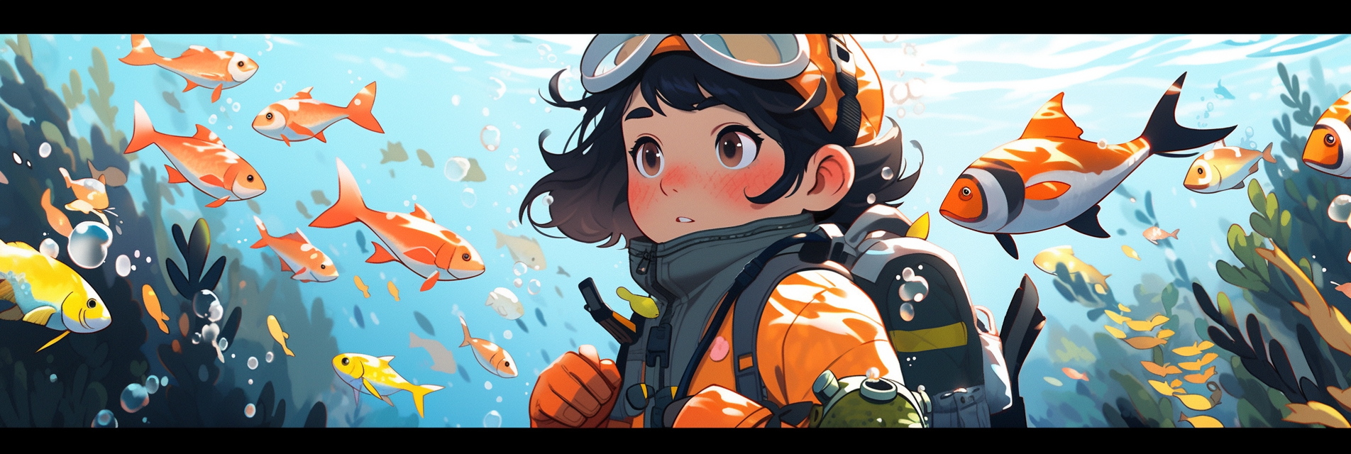 Cute diver exploring underwater with fishes