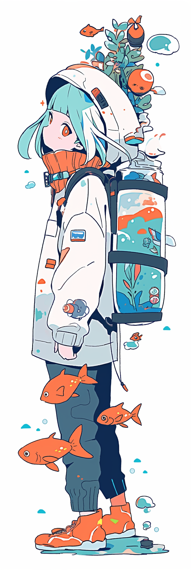 Cute diver surrounded by fishes