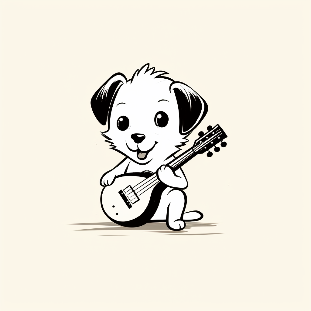 Simple black and white outline of a cute dog playing guitar