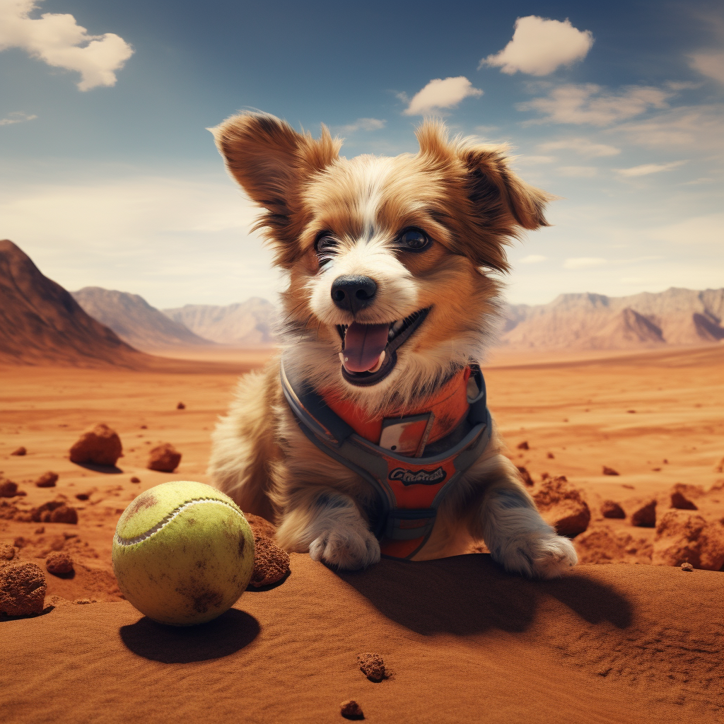 Adorable dog playing with a ball on Mars