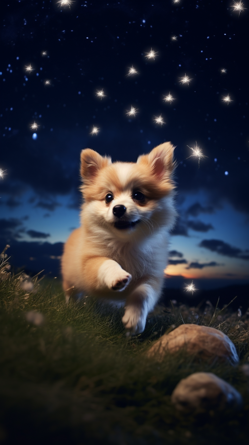 Cute dog running in vibrant night sky