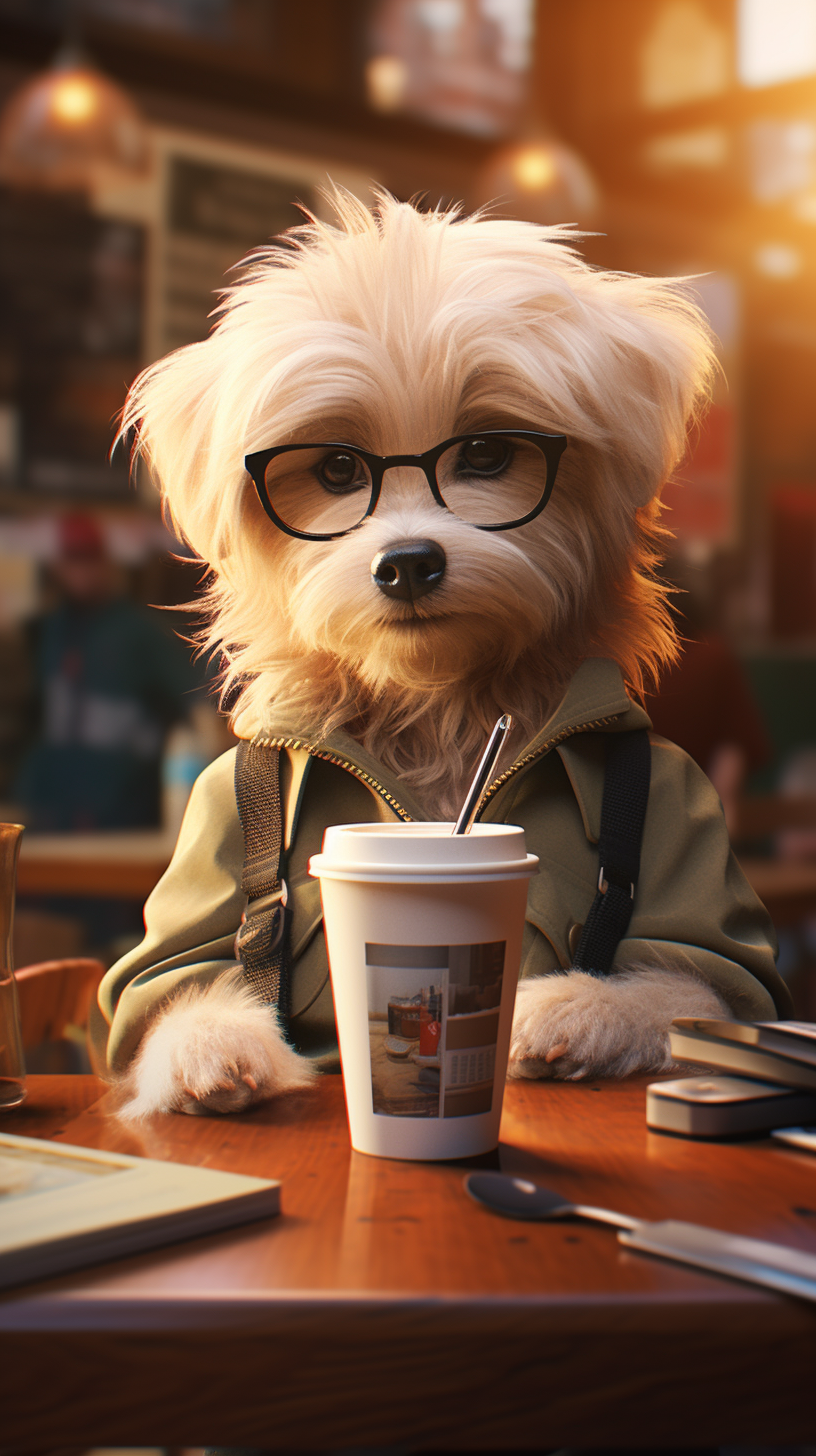 Cute dog in cafe with coffee