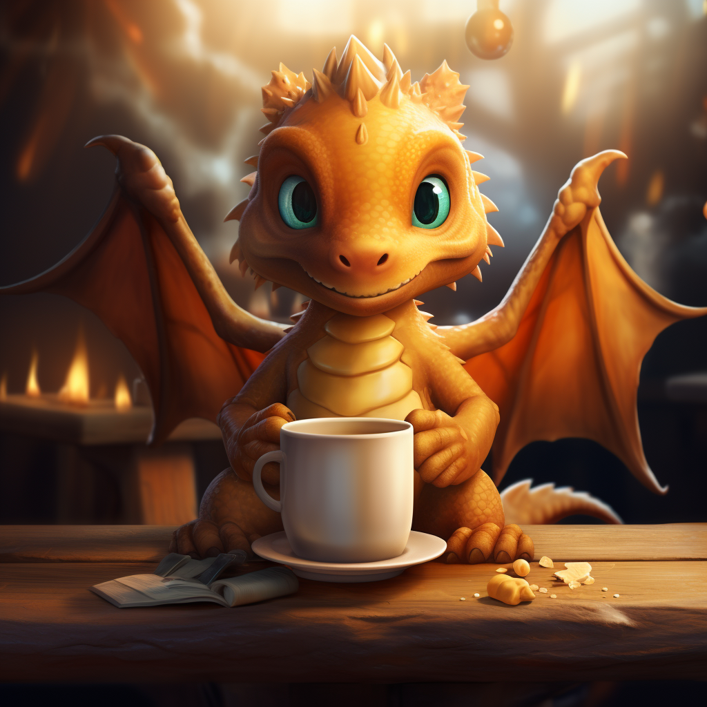 Cute dragon enjoying a cup of coffee