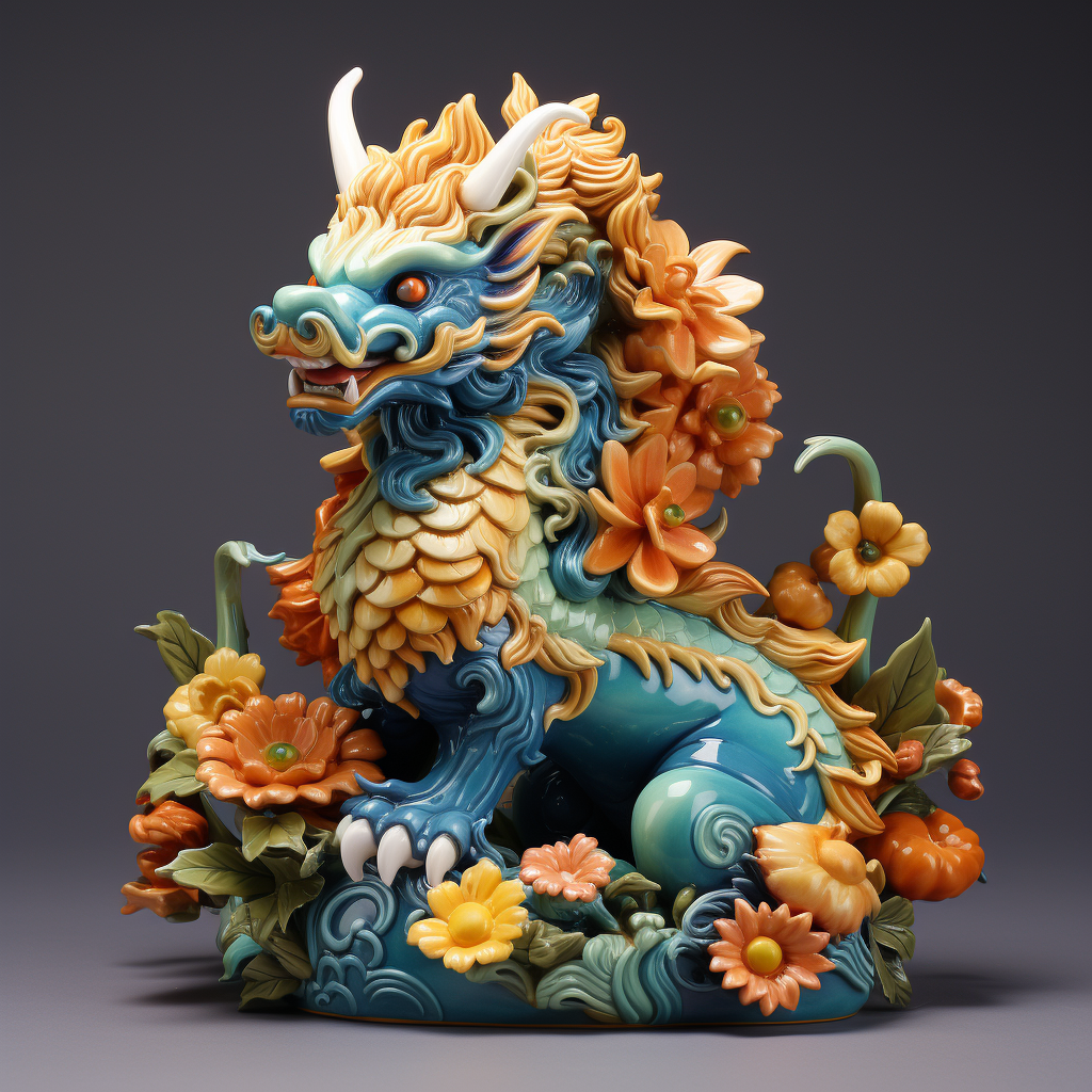 Chinese ceramic dragon with flowers and cones