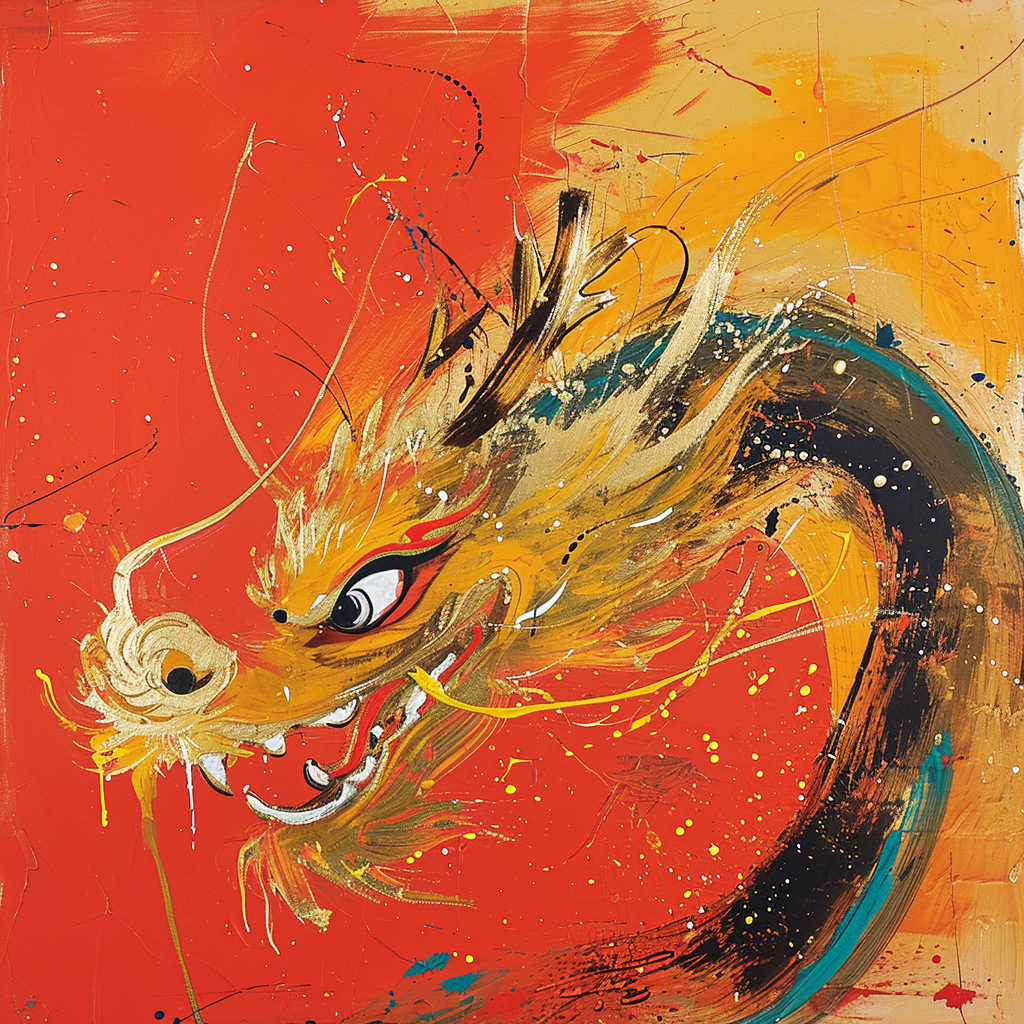 Cute dragon head in abstract ink painting