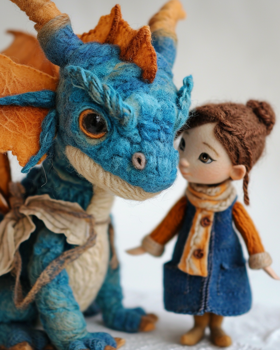 Adorable felted dragon and girl