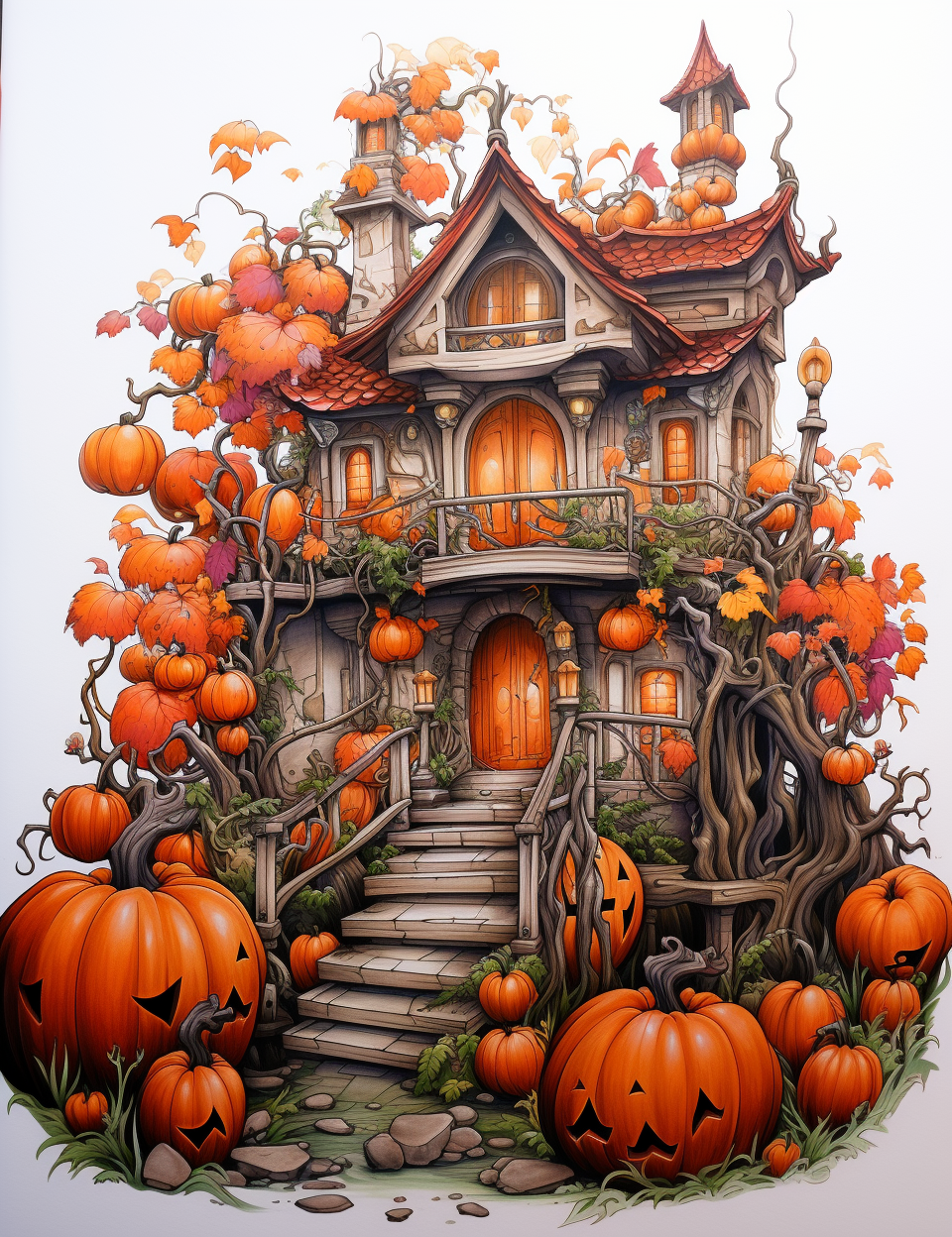 Hyper-realistic colored pumpkin house sketch