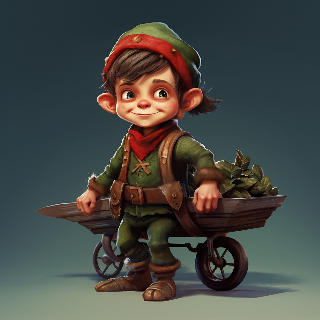 A charming elf pushing a barrow