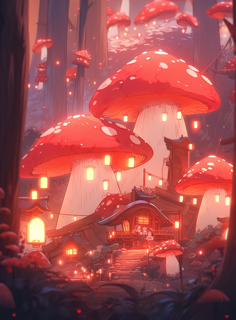 Beautiful elven wood pavilion with glowing mushrooms