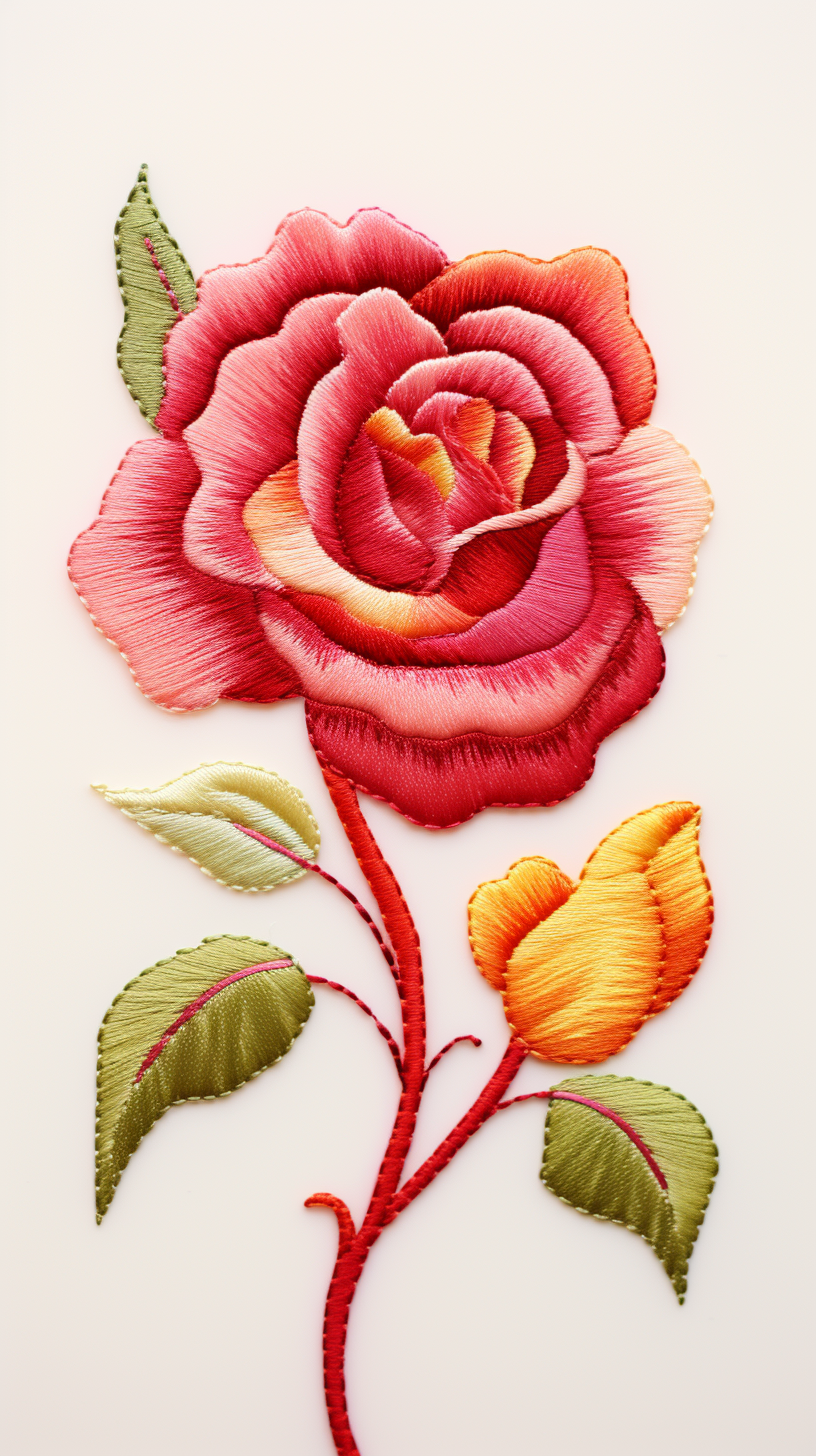 Embroidered rose on a colorful background