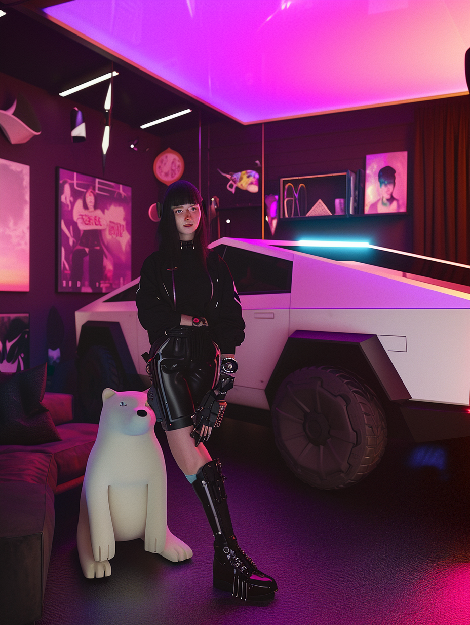 Cute emo girl in front of Tesla Cybertruck with white bear