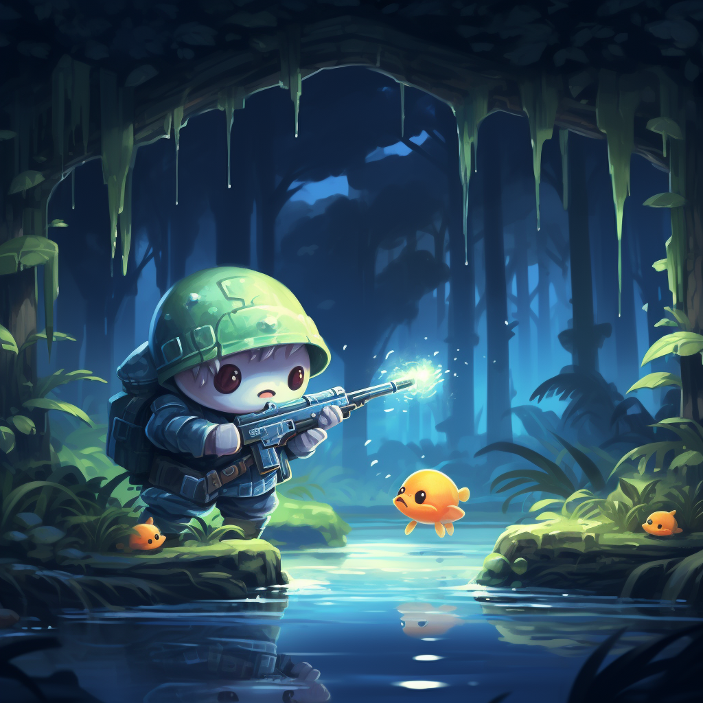 A player shooting a cute enemy with a water gun in a forest