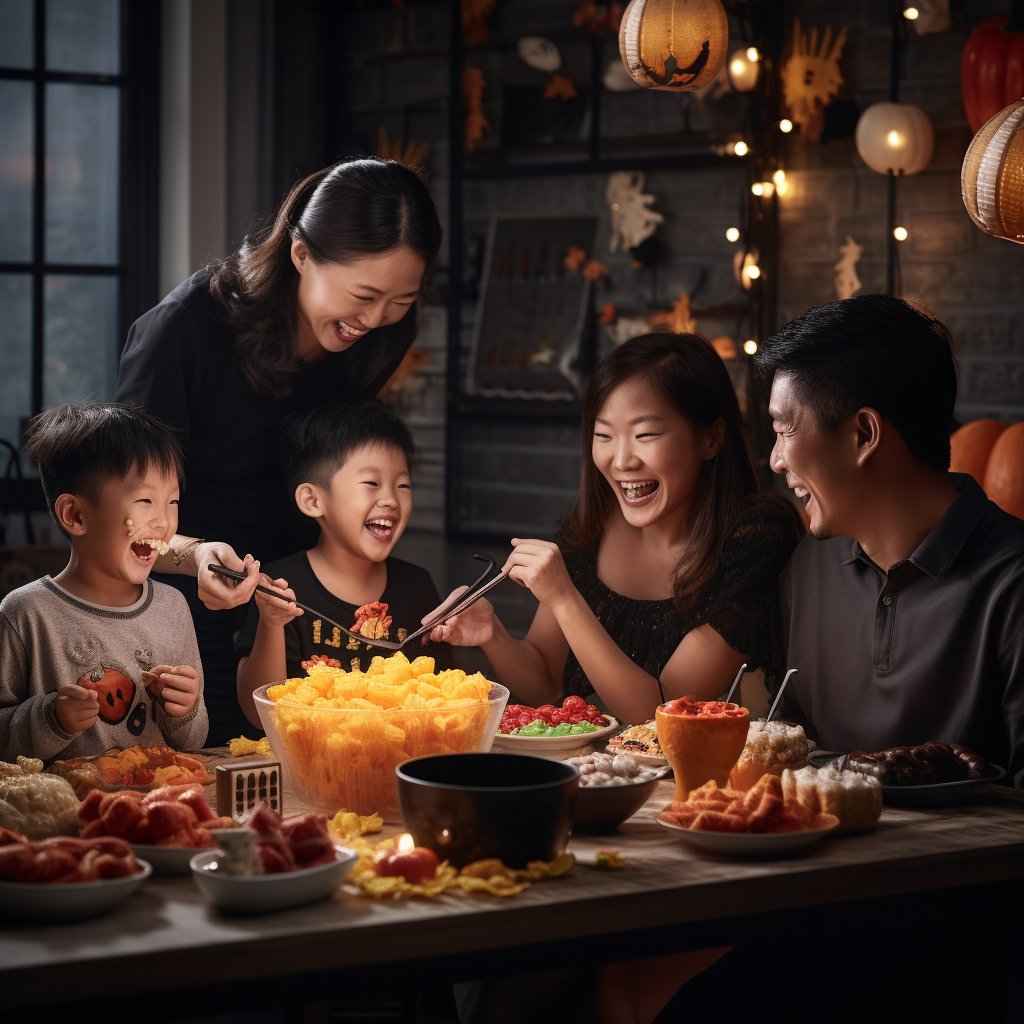 Happy family enjoying Halloween noodles