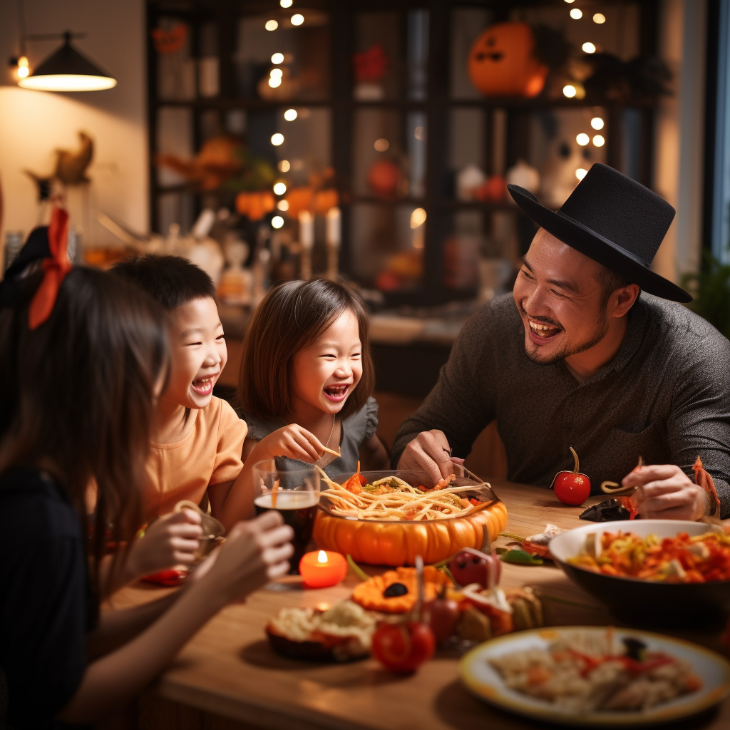 Happy family enjoying Halloween noodles