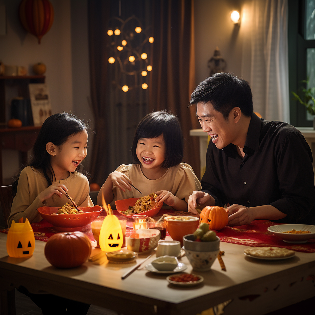 Cute family enjoying Halloween celebration