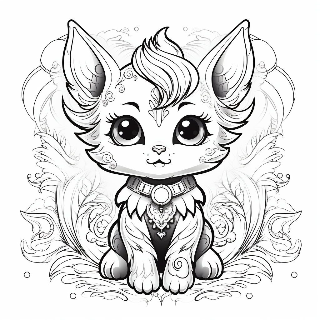 Coloring page of a cute fantasy animal kitten