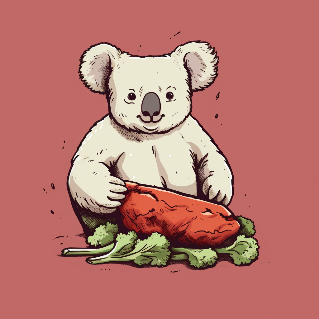 Cute female koala enjoying beef steak