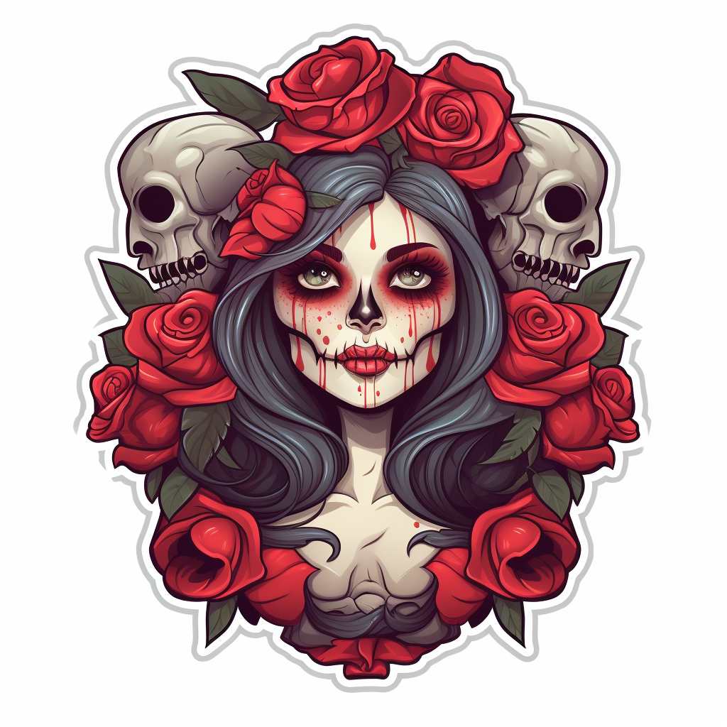 Cute female skull with red roses