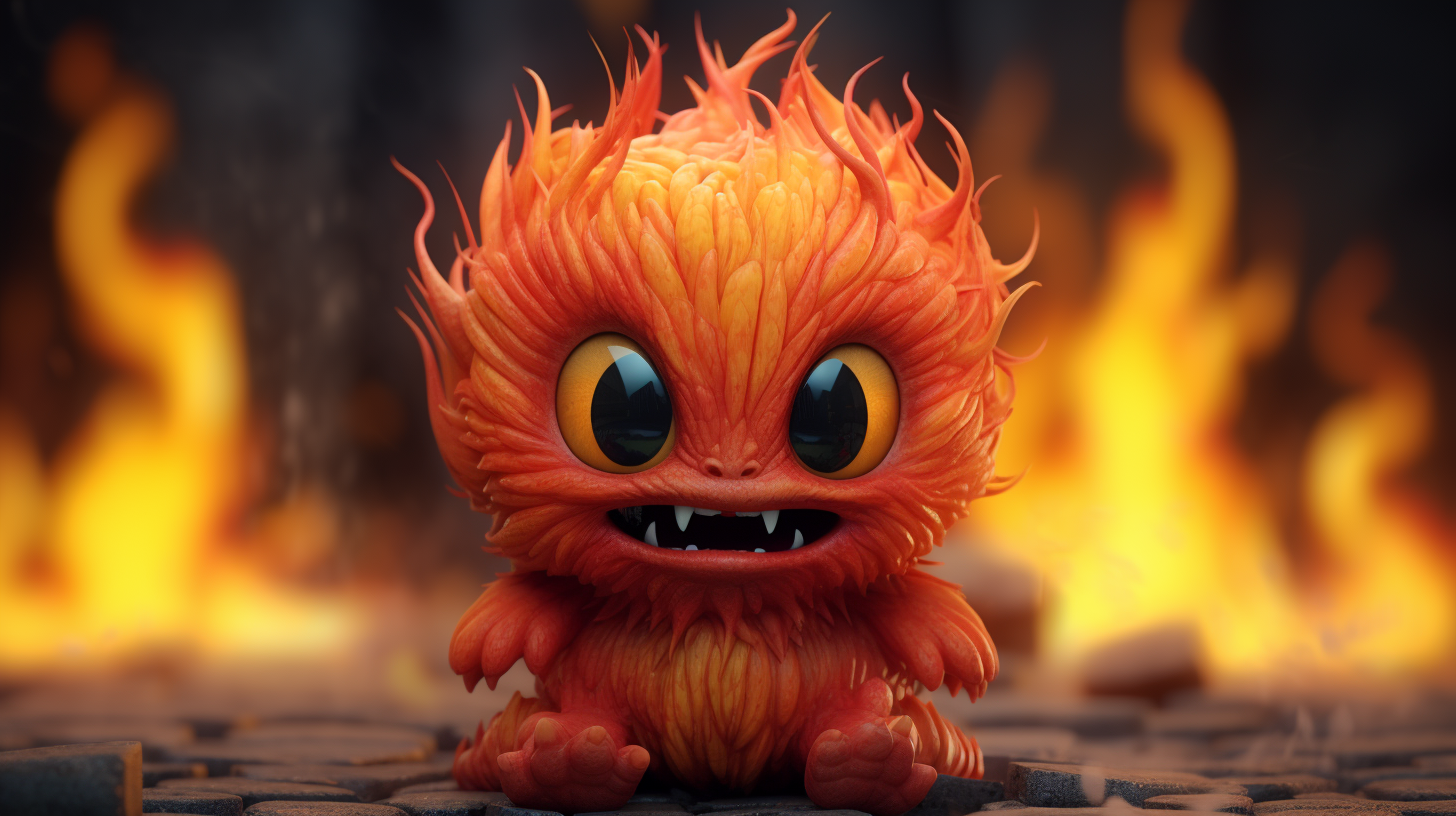 Flaming cute monster in 3D render