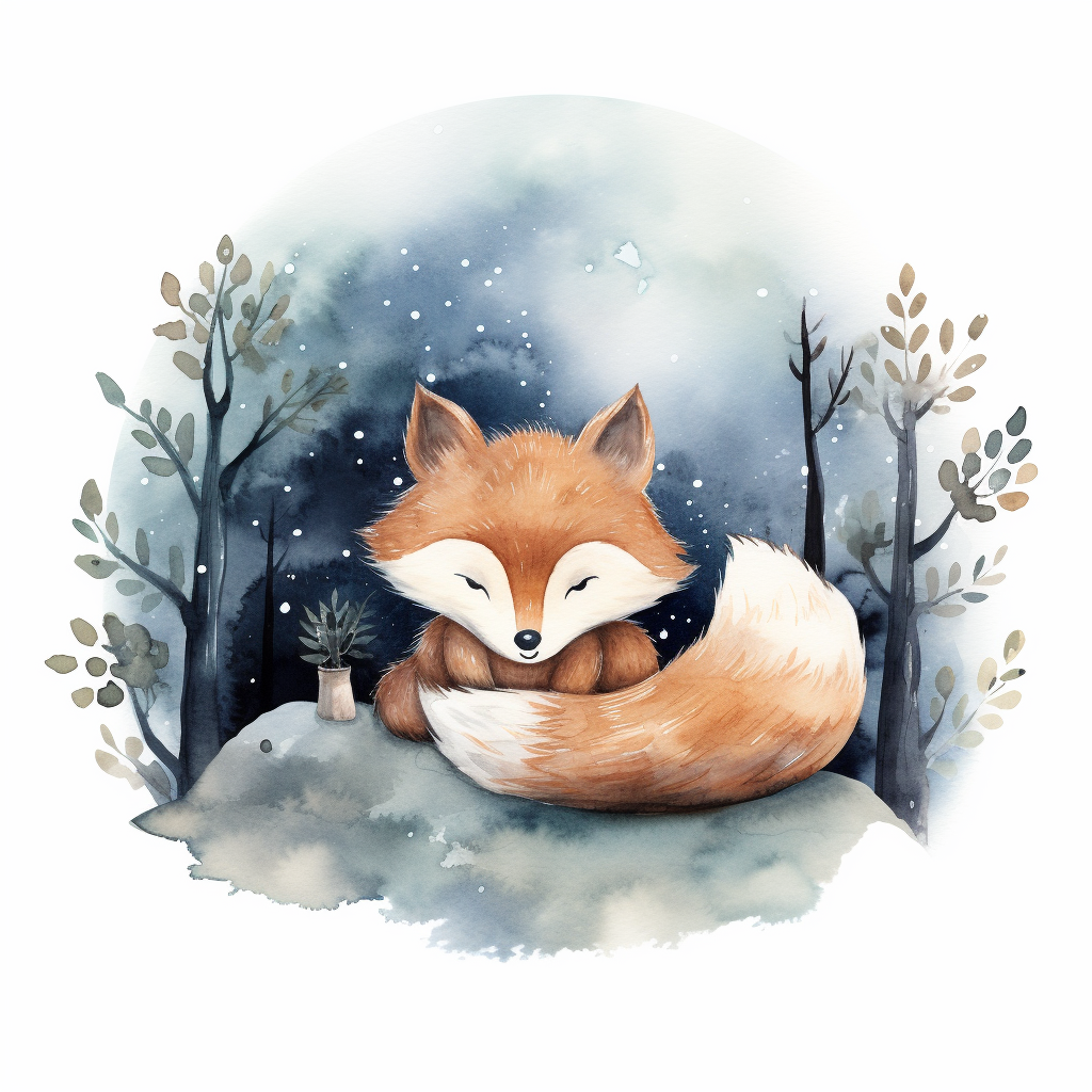 Watercolor art of cute forest animal sleeping on a white background with stars and a moon