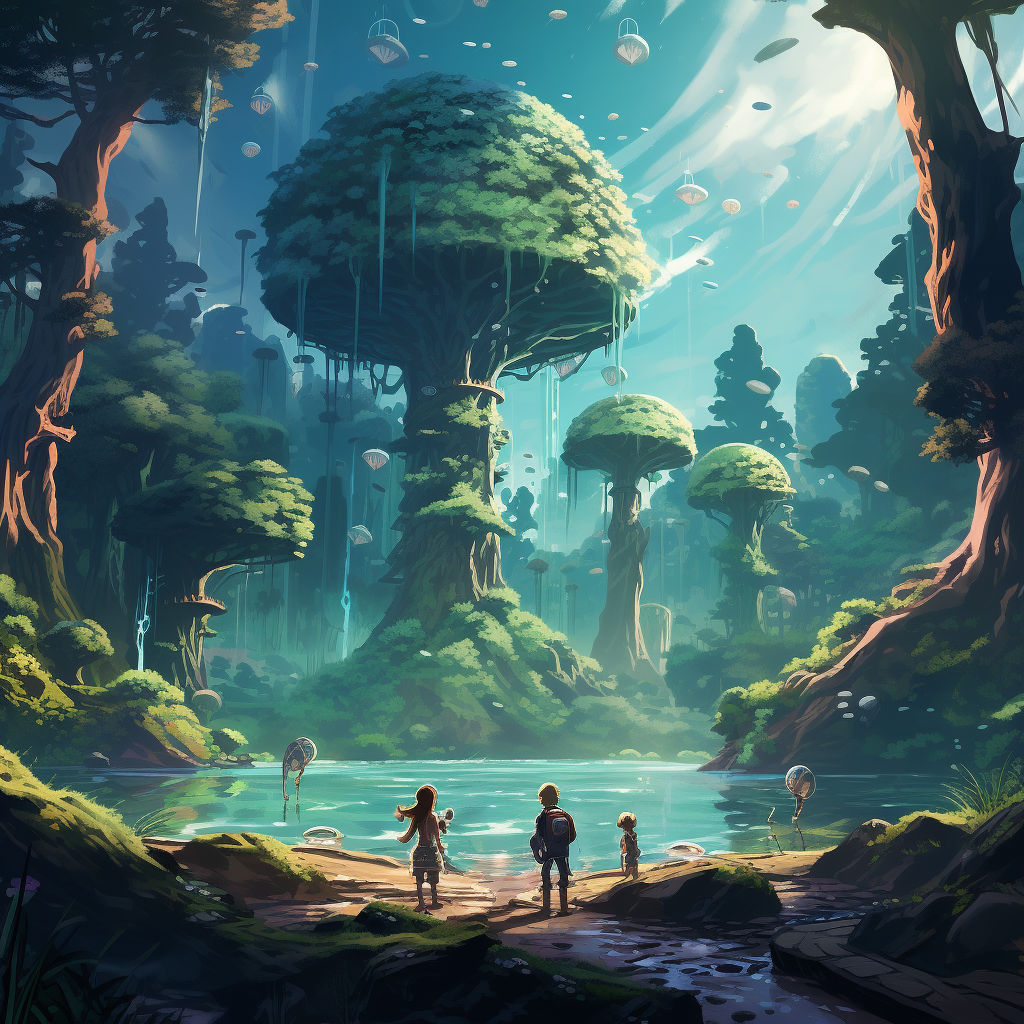 Cute creatures shooting water in futuristic forest