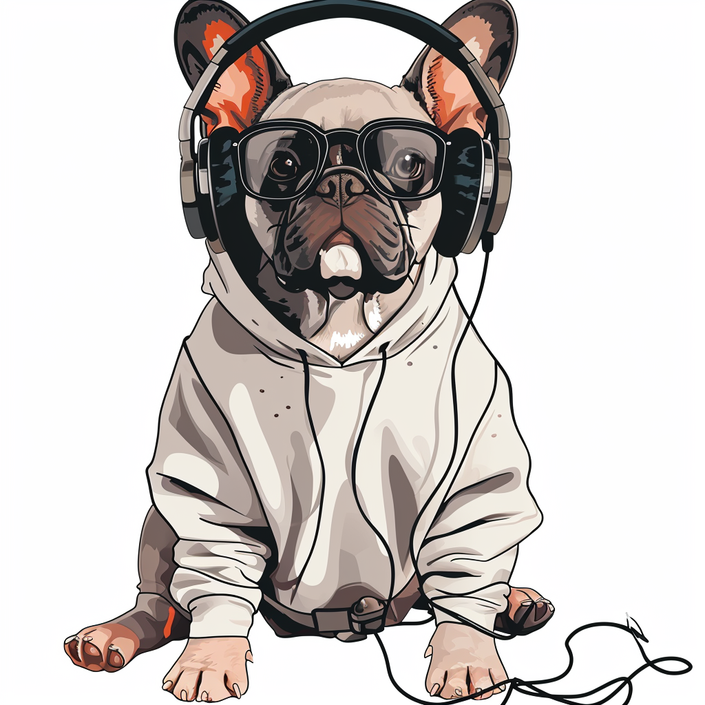 French Bulldog in Sweatshirt and Headphones