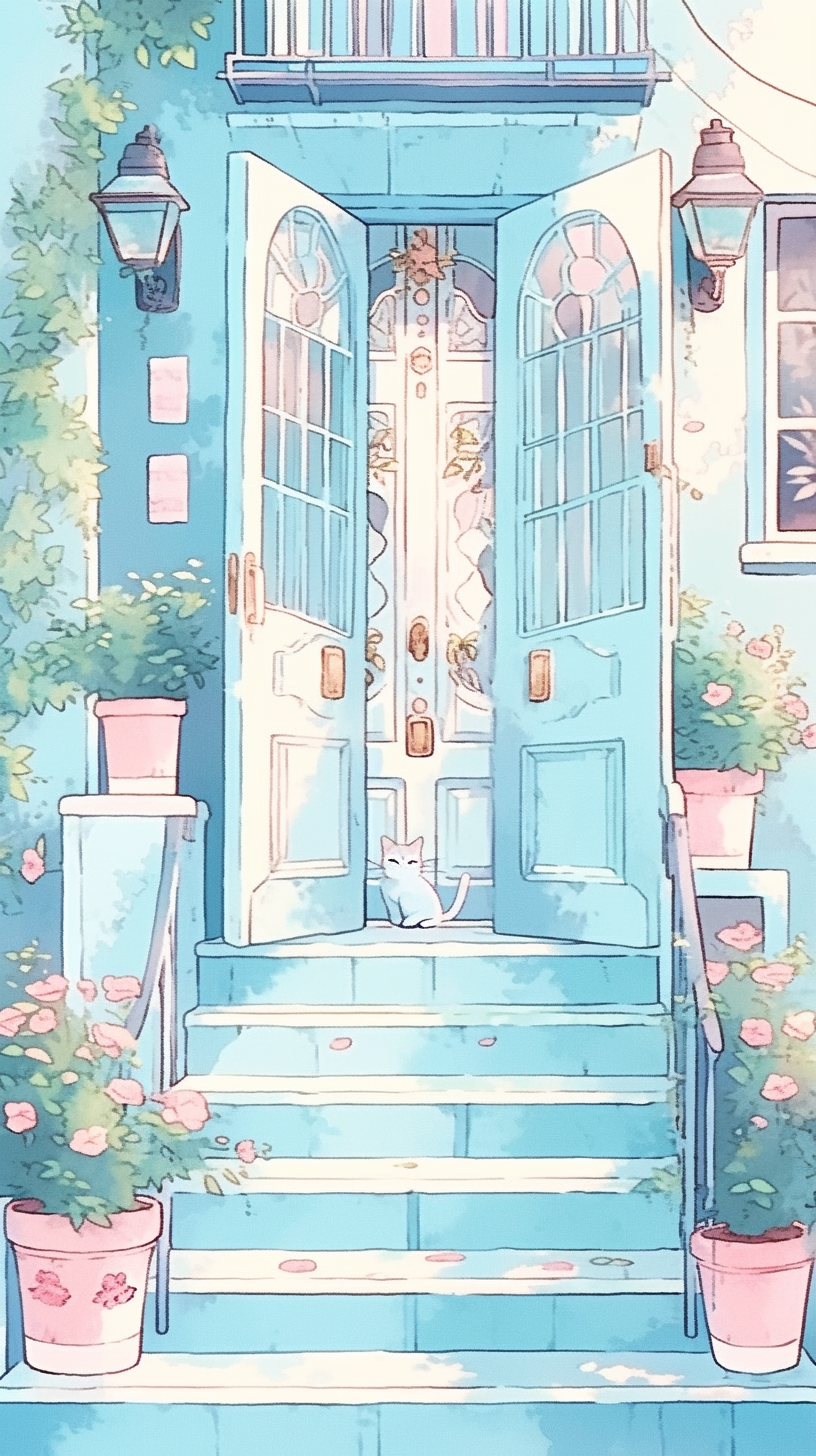 Cute front door in anime style