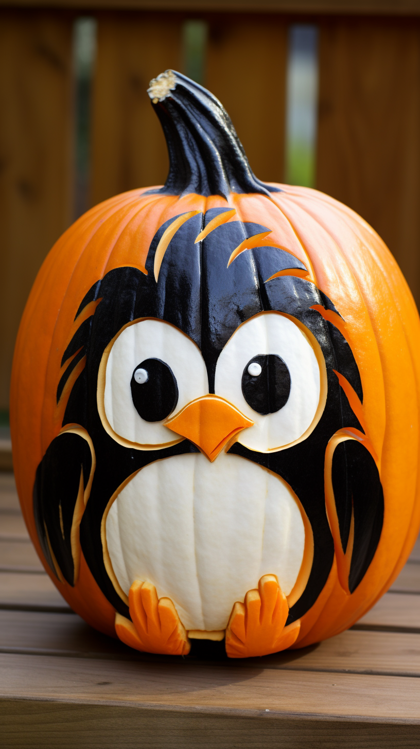 Cute penguin carving a pumpkin