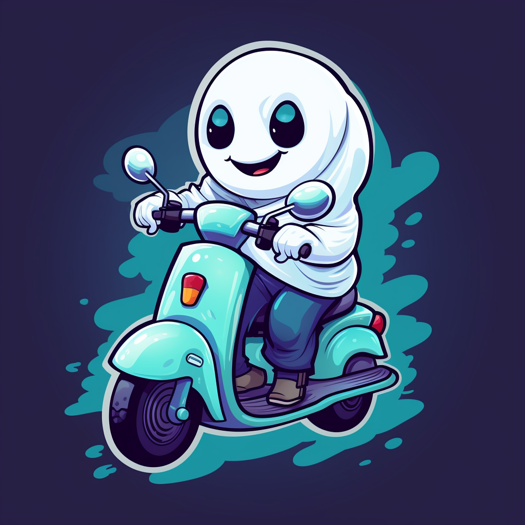 Cute funny cartoon ghost on scooter