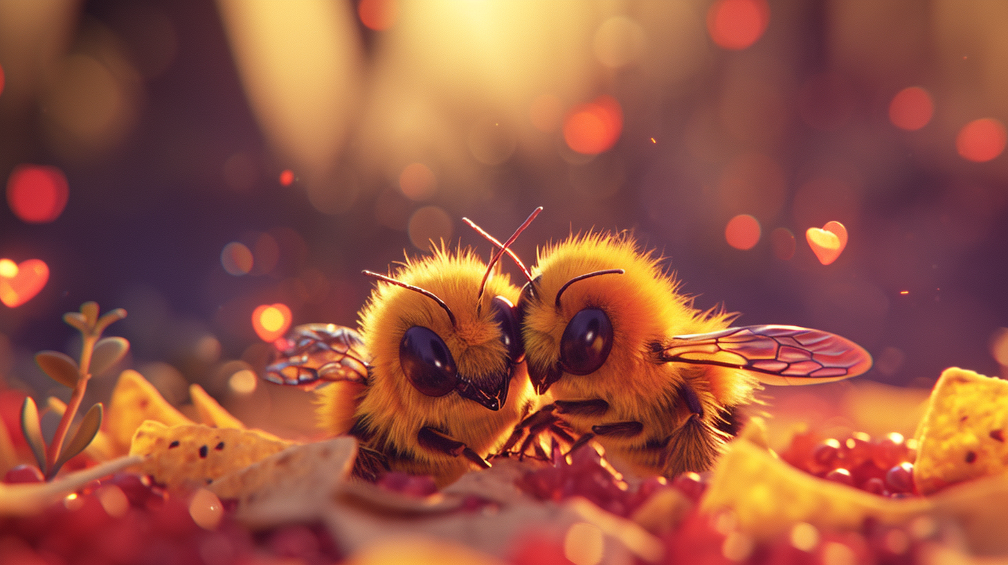 Cute furry baby bees cuddling on nachos