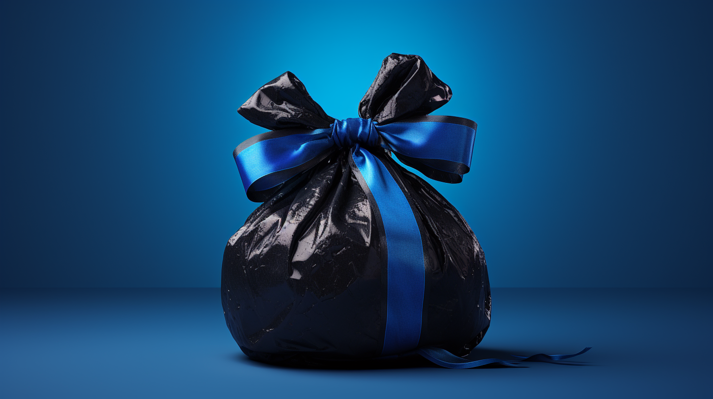 Cute garbage bag with glitter on blue background