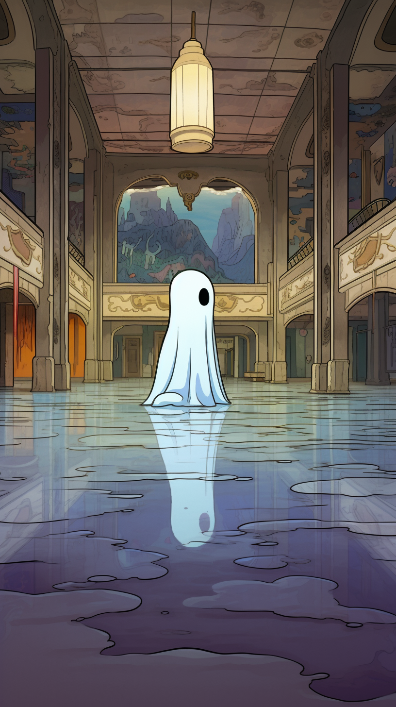 Lonely cute ghost in abandoned shopping mall