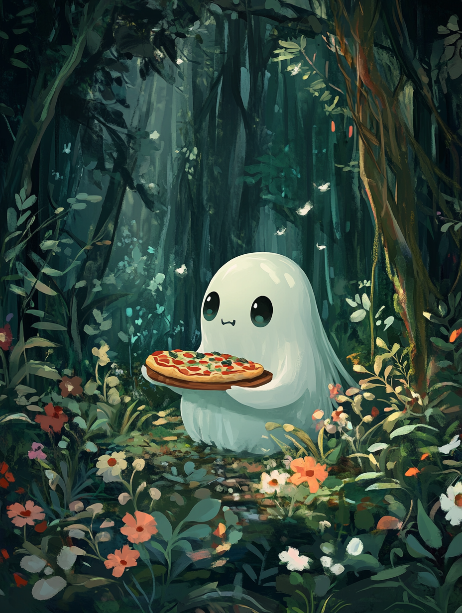 Cute Ghost Pizza Forest Flowers